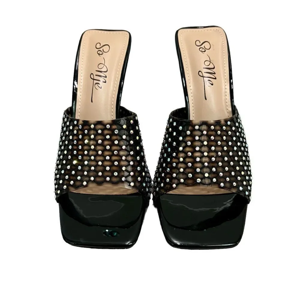 So me rhinestone black netted mule heels with clear chunky block heel sz 7 NWT